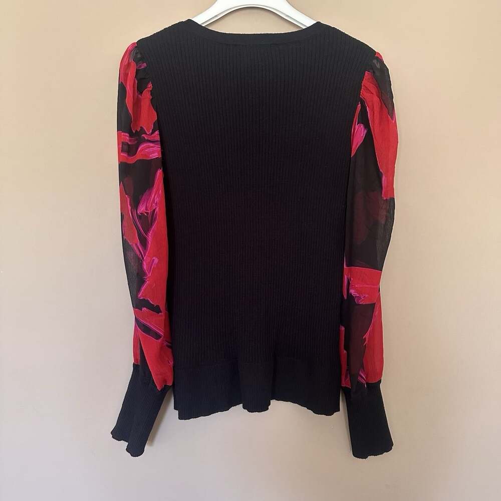 DKNY L Sheer Balloon Sleeve Top Black Red Ribbed Mixed Media Top Black Floral - Picture 6 of 9